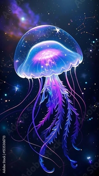Fototapeta Luminous Jellyfish Floating in Space with Nebulae and Stars, 4k