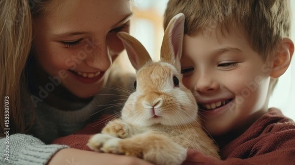 Obraz Family Introducing Adopted Rabbit to Children