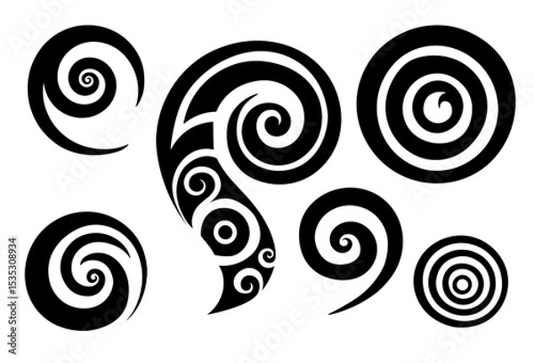 Fototapeta A set of Maori style koru spiral swirls, icon minimalist style. Vector illustration. Isolated on transparent background.