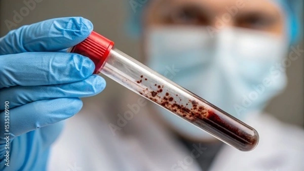 Obraz Forensic, blood and analysis concept. Medical professional holding a blood sample in a test tube.