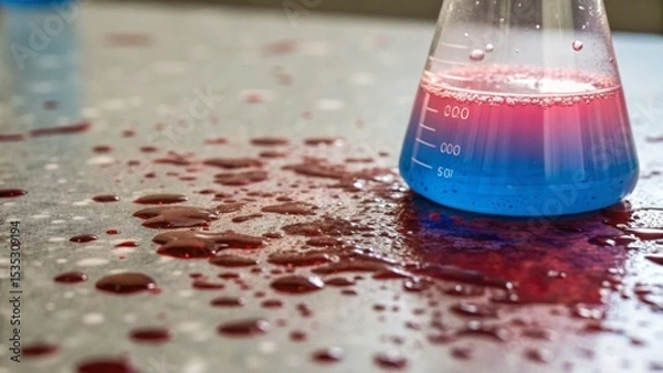 Obraz Forensic, blood and analysis concept. Laboratory flask with spilled colorful liquid on a surface.