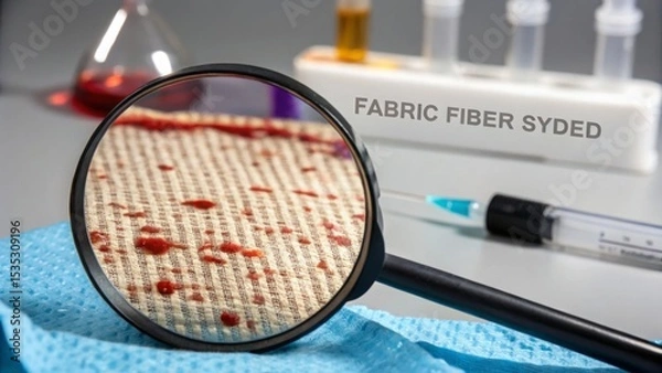 Obraz Forensic, blood and analysis concept. Magnifying glass over fabric with blood stains and lab equipment nearby.