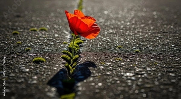 Fototapeta Vibrant red poppy growing through a crack in dark asphalt, symbolizing resilience and hope.