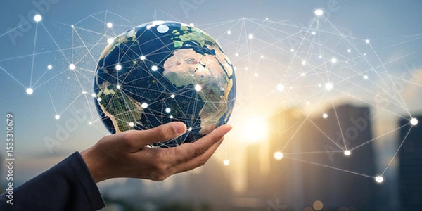 Fototapeta Hand Holding a Globe with a Network Connecting Data for Innovative Solutions