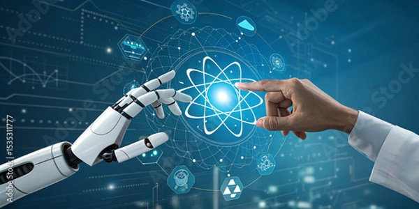 Fototapeta Hands of Robots and Human Touch on Quantum Computing for Future Innovations