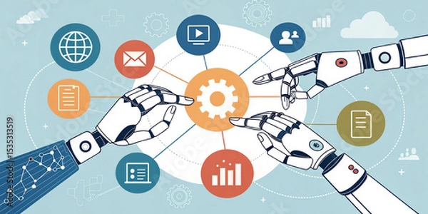 Fototapeta Hands of Robots Touching Teamwork Through Collaboration for Innovation