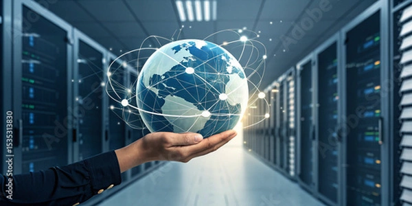 Fototapeta Hand Holding Hosting Platform Globe for Digital Solutions