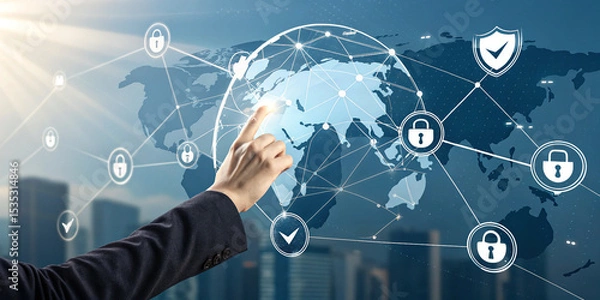 Fototapeta Hand Touching Global Network for Insurance Technology Solutions