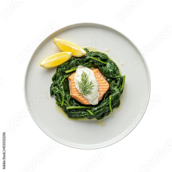 Fototapeta Elegant Salmon Fillet on Spinach with Lemon Wedges