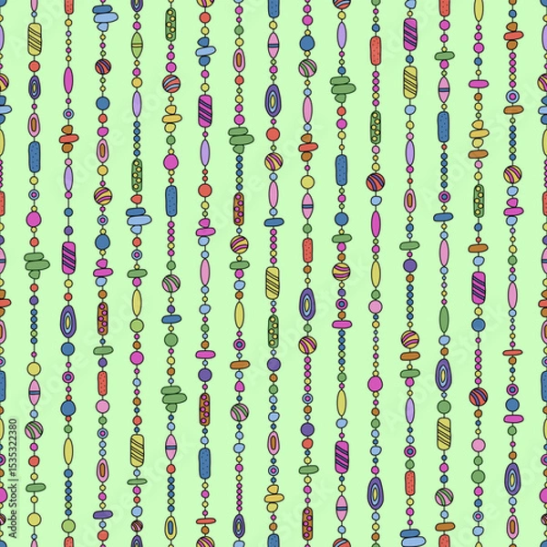 Obraz Beautiful seamless pattern of multicolored strings of beads on  light green background. Abstract shapes, scrapbooking, decoration. For backgrounds, wallpapers, textiles, packaging, or  website.