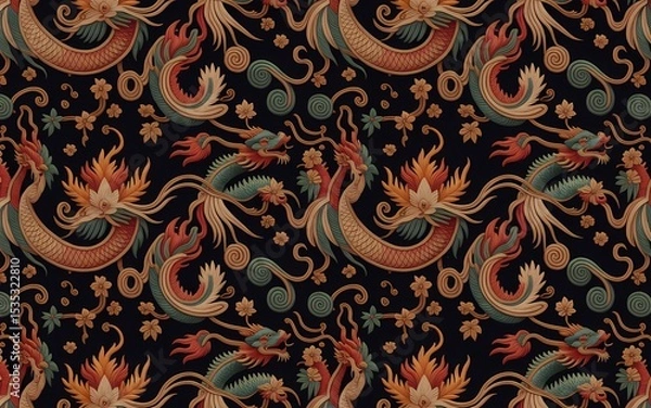 Fototapeta Chinese Minority Folk Art (Miao Embroidery Inspired), Intricate Dragon Pattern on Dark Background, Detailed Asian-Inspired Design