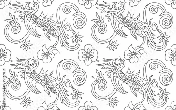 Fototapeta Chinese Minority Folk Art (Miao Embroidery Inspired), Intricate Black and White Pattern Featuring Stylized Birds, Flowers, and Swirls