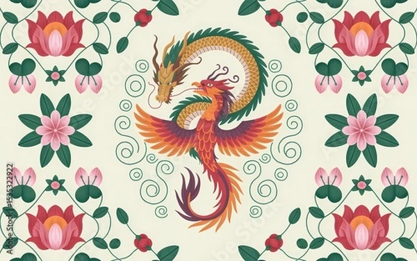 Fototapeta Chinese Minority Folk Art (Miao Embroidery Inspired), Mythical Phoenix and Dragon with Floral Ornamentation on a Cream Background