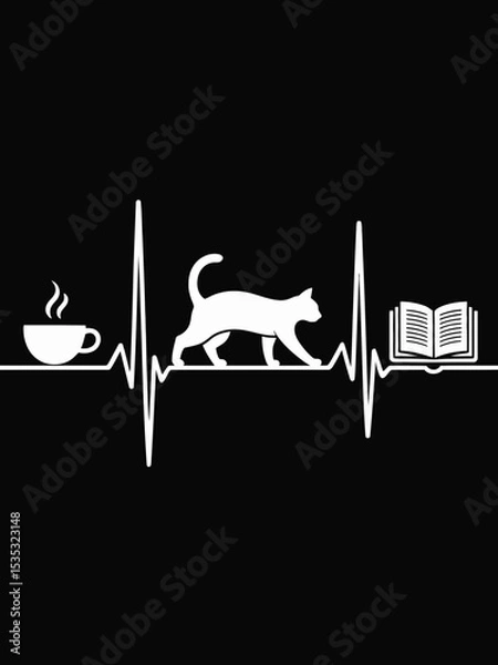 Fototapeta A stylized heartbeat line connects a steaming coffee cup, a cat, and an open book
