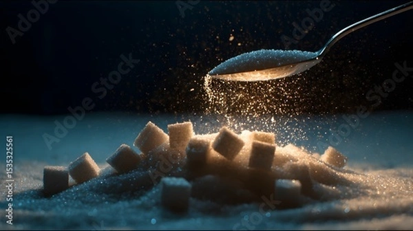 Fototapeta Sugar cubes and granulated sugar falling from a spoon in a dark background