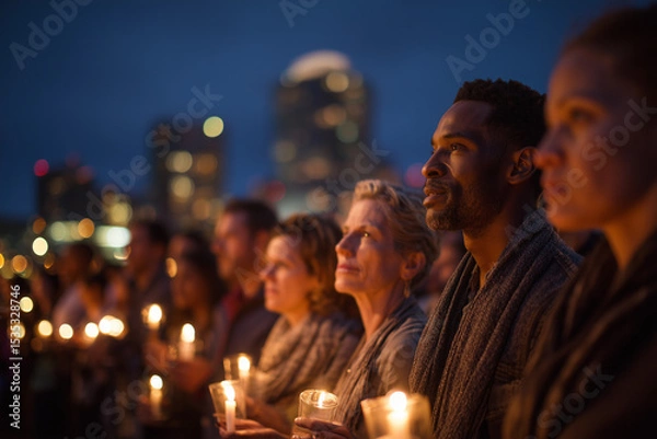 Fototapeta A group of diverse people standing together in a peaceful vigil, holding candles at dusk. Background shows a city skyline dimly lit. The mood is somber but united, 