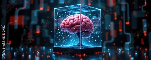 Obraz floating brain encased in glass cube, surrounded by floating data points