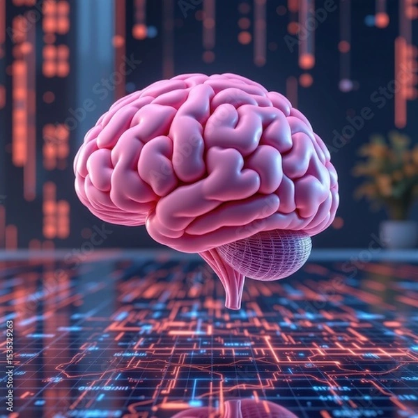 Fototapeta Illustration of a pink brain floating over a digital grid surface and holographic background.
