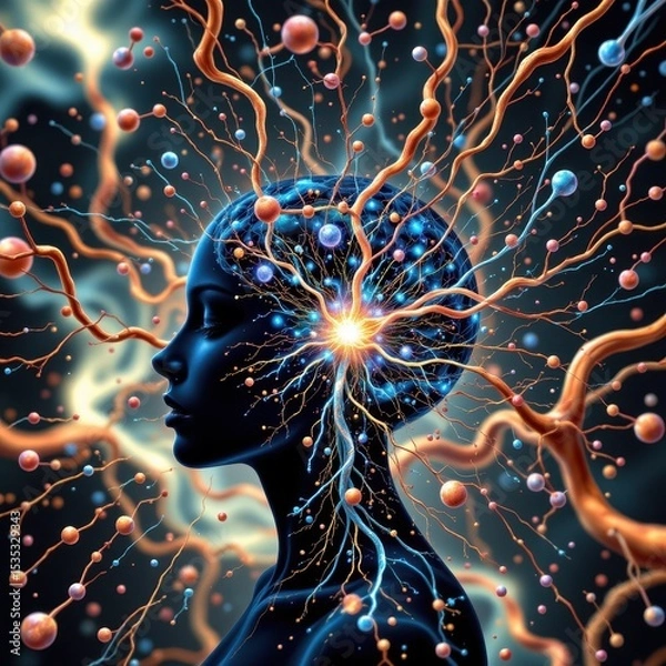Fototapeta neuron web extending out from brain like galaxy arms in deep space