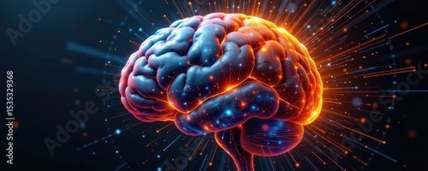 Fototapeta Side view of the brain with light beams coming out from the surrounding area.