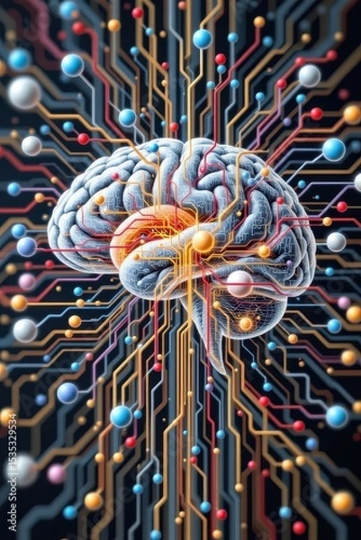 Fototapeta wireframe human brain layered over neural pathway diagram, medical and abstract fusion