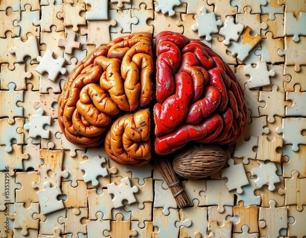 Fototapeta brain split into puzzle pieces hovering slightly apart, visualizing problem solving