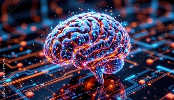 Fototapeta futuristic brain built from holographic stacked grids and subtle light flares