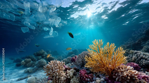 Fototapeta Plastic trash in the ocean. Environmental pollution. sea is covered in plastic and dead sea creatures. global problem, threat ocean wildlife and calling for urgent action to protect the environment.