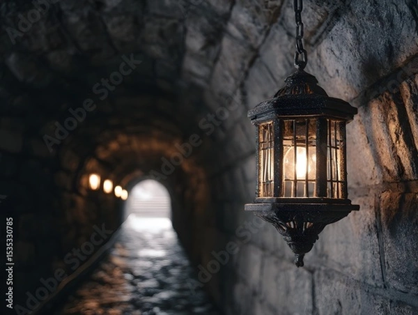 Fototapeta Exploring the depths: a vintage lantern illuminating a mysterious stone tunnel