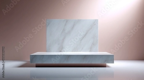 Obraz Minimalist product podium made of smooth white marble with clean geometric lines, floating in a soft gradient background of pastel tones