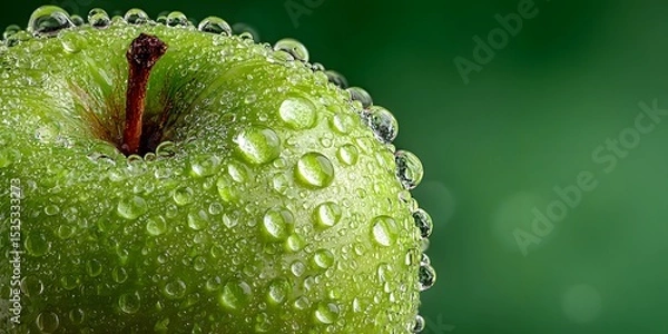 Fototapeta Extreme macro shot of a crisp green apple covered in glistening water droplets, perfectly framed against a clean, soft-focus green background.