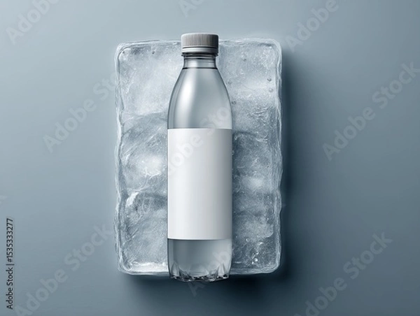 Fototapeta water bottle with a mockup empty label frozen in a block of ice, top view