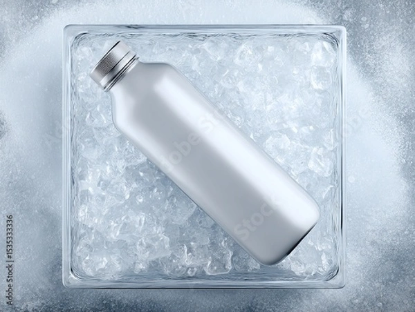 Fototapeta water bottle with a mockup empty label frozen in a block of ice, top view