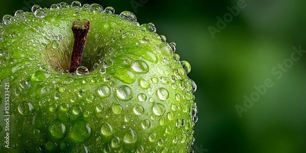 Fototapeta Extreme macro shot of a crisp green apple covered in glistening water droplets, perfectly framed against a clean, soft-focus green background.