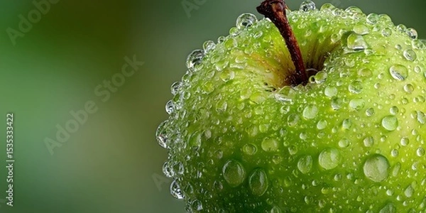 Fototapeta Extreme macro shot of a crisp green apple covered in glistening water droplets, perfectly framed against a clean, soft-focus green background.