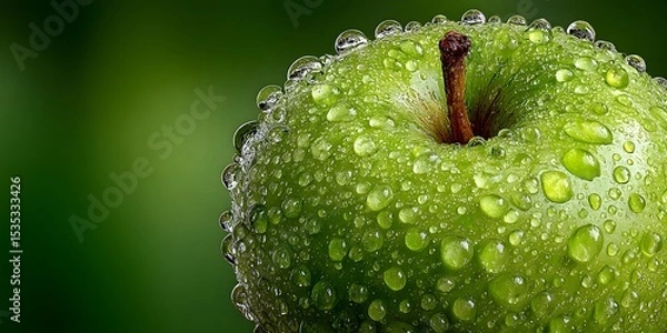 Fototapeta Extreme macro shot of a crisp green apple covered in glistening water droplets, perfectly framed against a clean, soft-focus green background.