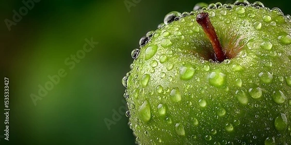 Fototapeta Extreme macro shot of a crisp green apple covered in glistening water droplets, perfectly framed against a clean, soft-focus green background.