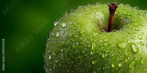 Fototapeta Extreme macro shot of a crisp green apple covered in glistening water droplets, perfectly framed against a clean, soft-focus green background.