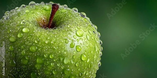 Fototapeta Extreme macro shot of a crisp green apple covered in glistening water droplets, perfectly framed against a clean, soft-focus green background.