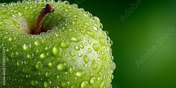 Fototapeta Extreme macro shot of a crisp green apple covered in glistening water droplets, perfectly framed against a clean, soft-focus green background.