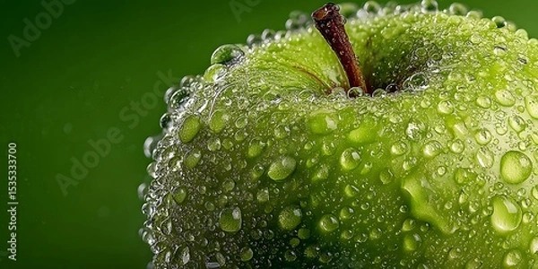 Fototapeta Extreme macro shot of a crisp green apple covered in glistening water droplets, perfectly framed against a clean, soft-focus green background.