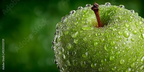 Fototapeta Extreme macro shot of a crisp green apple covered in glistening water droplets, perfectly framed against a clean, soft-focus green background.