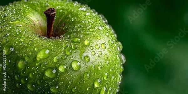 Fototapeta Extreme macro shot of a crisp green apple covered in glistening water droplets, perfectly framed against a clean, soft-focus green background.
