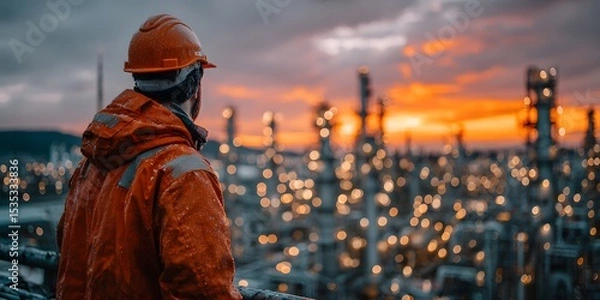 Fototapeta Rear view of an engineer in an orange hard hat, looking over a sprawling oil refinery at dusk. Warm, golden hour lighting creates a cinematic mood.