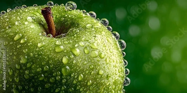 Fototapeta Extreme macro shot of a crisp green apple covered in glistening water droplets, perfectly framed against a clean, soft-focus green background.
