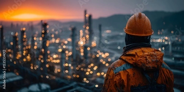 Fototapeta Rear view of an engineer in an orange hard hat, looking over a sprawling oil refinery at dusk. Warm, golden hour lighting creates a cinematic mood.