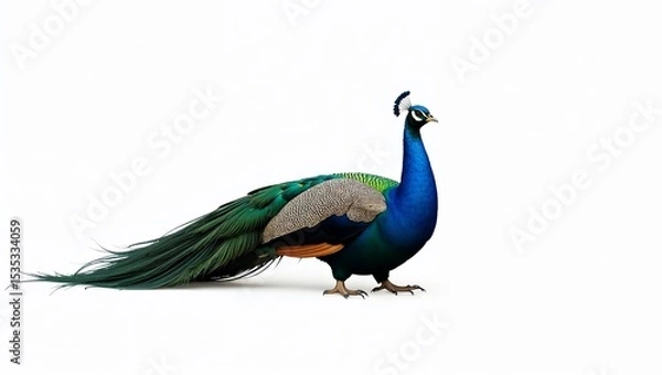Obraz Majestic peacock standing elegantly with a proud expression on a white background
