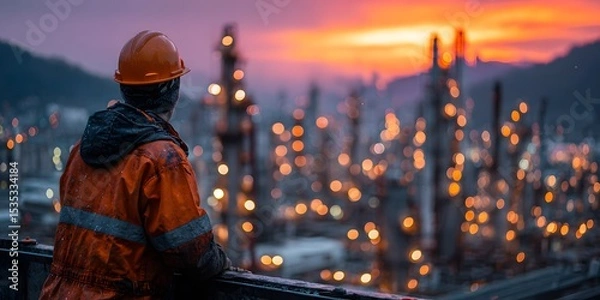 Fototapeta Rear view of an engineer in an orange hard hat, looking over a sprawling oil refinery at dusk. Warm, golden hour lighting creates a cinematic mood.