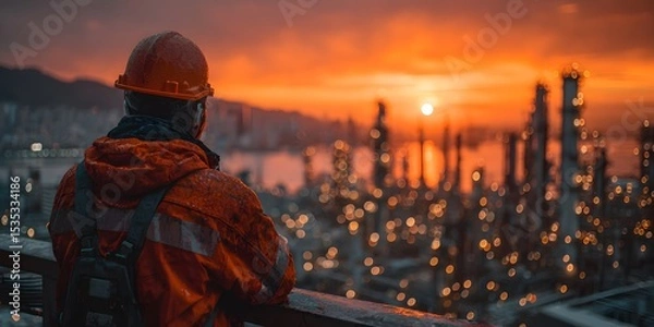Fototapeta Rear view of an engineer in an orange hard hat, looking over a sprawling oil refinery at dusk. Warm, golden hour lighting creates a cinematic mood.