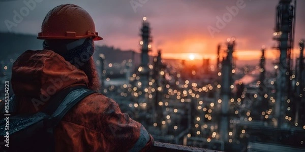 Fototapeta Rear view of an engineer in an orange hard hat, looking over a sprawling oil refinery at dusk. Warm, golden hour lighting creates a cinematic mood.